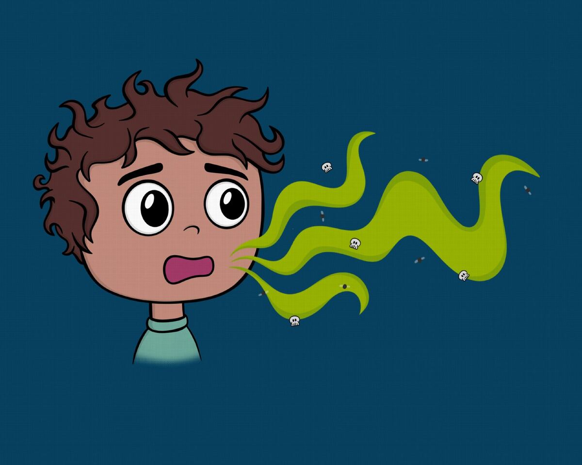 The boy breathes out a cloud of green bad breath.